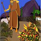 Un personnage de dessin animé marche par des buissons et une brûle