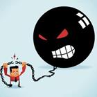 Un ballon noir avec un visage en colère qui regarde un personnage de dessin animé